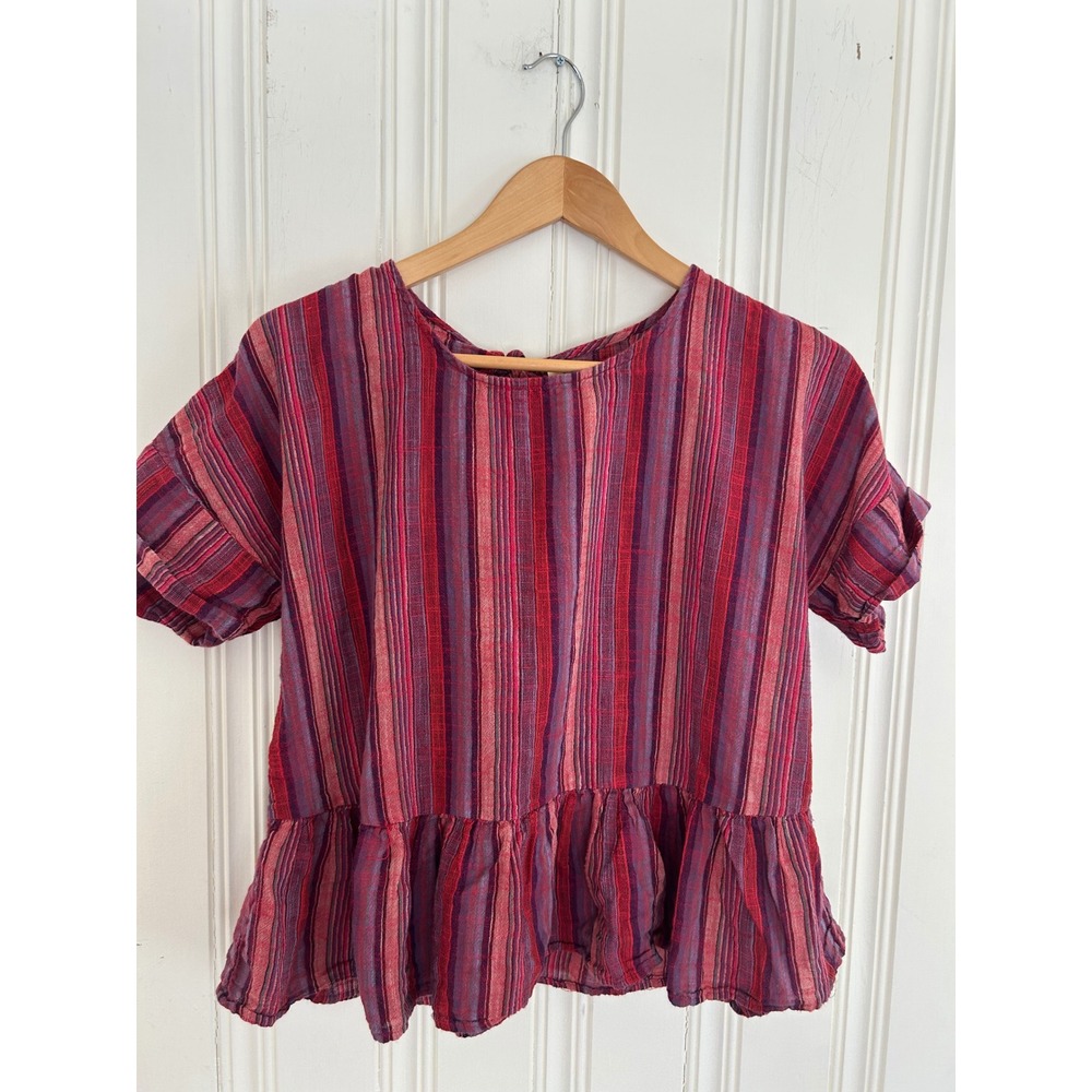 Girl Crazy Striped Cotton Ruffle Top Med Tie Back Bohemian Cottage Ruffle Light